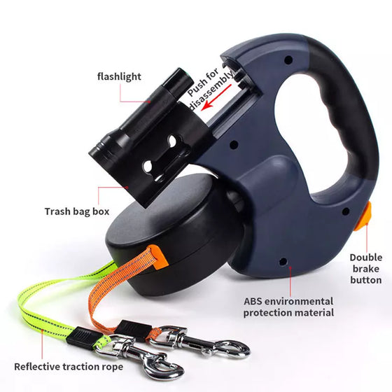 Dual Retractable Dog Leash with LED Light & Poop Bag Holder – Walk 2 Dogs with 1 Hand!