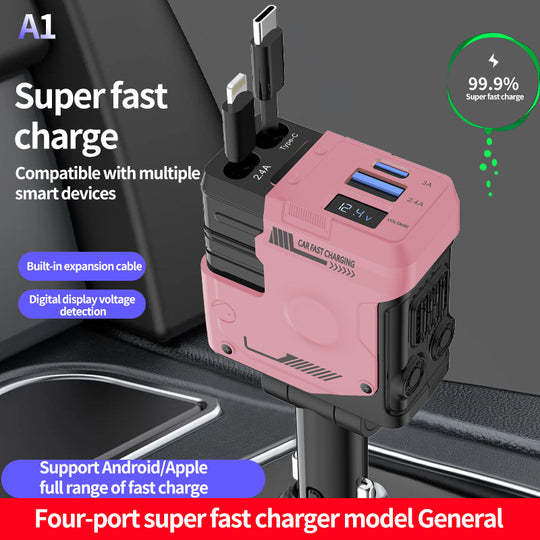 4-in-1 Retractable Car Charger Adapter - 120W Fast Charging with Dual Integrated Cables (USB-C & Lightning) & Digital Display