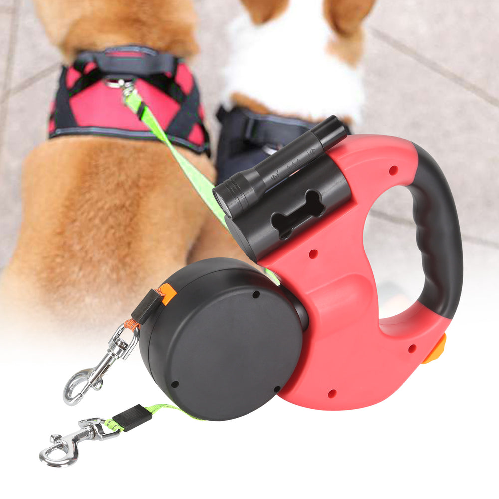 Dual Retractable Dog Leash with LED Light & Poop Bag Holder – Walk 2 Dogs with 1 Hand!