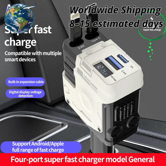 4-in-1 Retractable Car Charger Adapter - 120W Fast Charging with Dual Integrated Cables (USB-C & Lightning) & Digital Display
