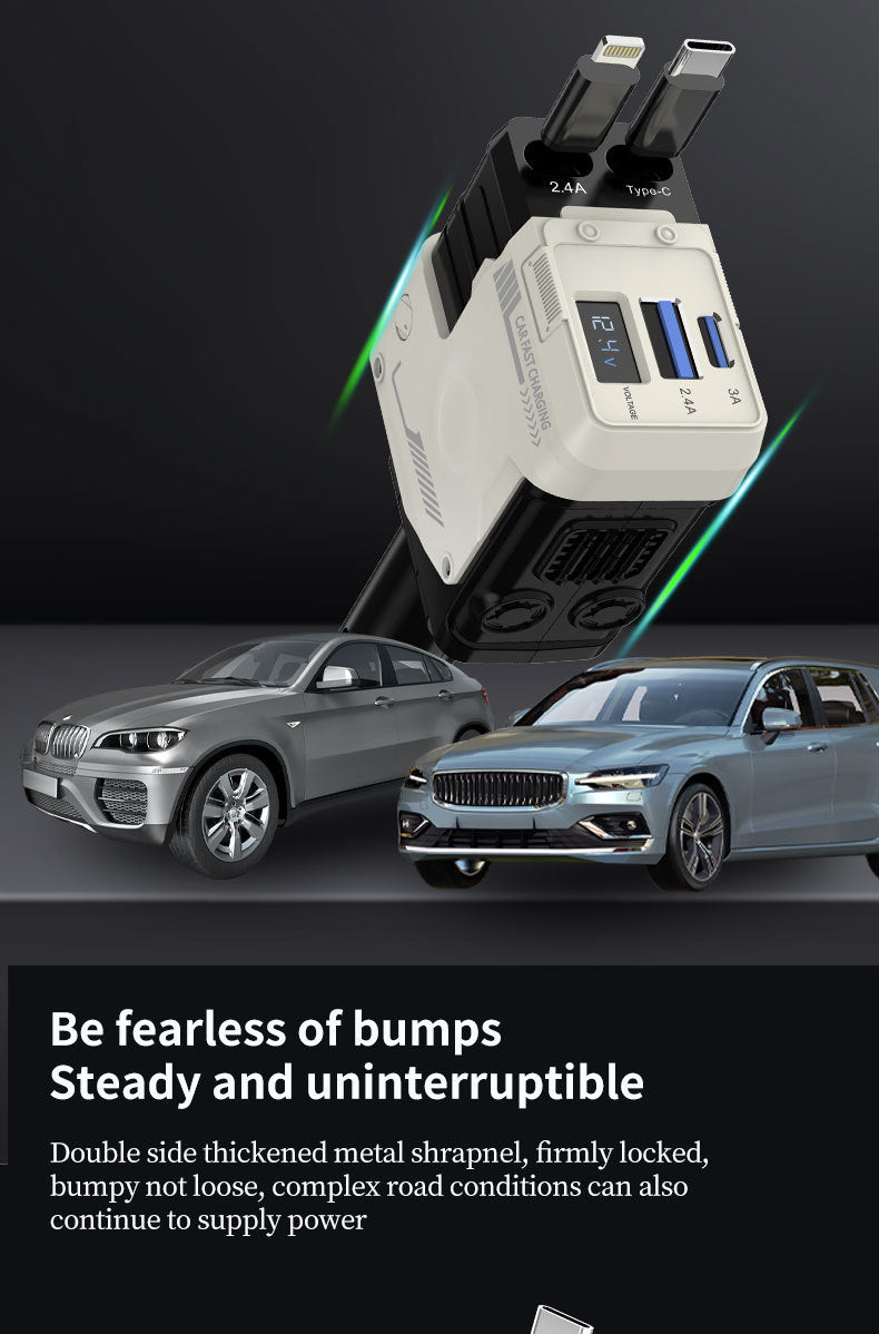 4-in-1 Retractable Car Charger Adapter - 120W Fast Charging with Dual Integrated Cables (USB-C & Lightning) & Digital Display