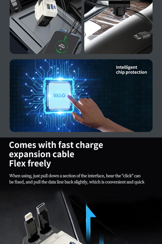 4-in-1 Retractable Car Charger Adapter - 120W Fast Charging with Dual Integrated Cables (USB-C & Lightning) & Digital Display